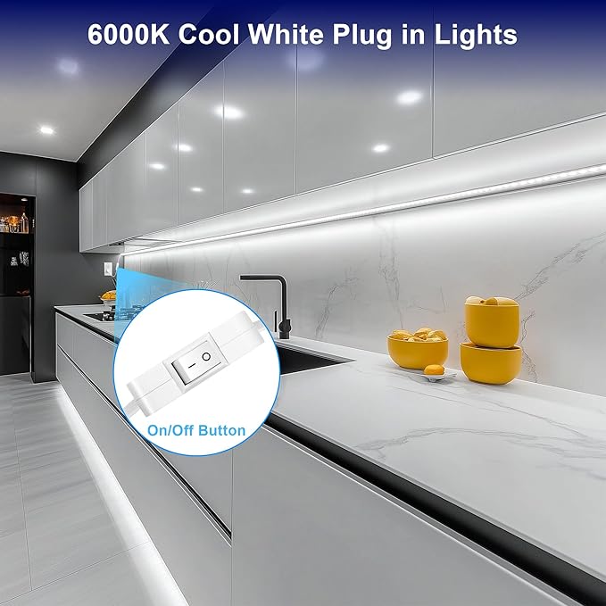 maylit Under Cabinet Strip Lighting Plug in 72in, Ultra Bright Small LED Light Bar, 6000K Cool White, 110V-120V Wired Lights for Kitchen Cabinet, Counter, Workbench, Desk, Closet, Shelf, Indoor
