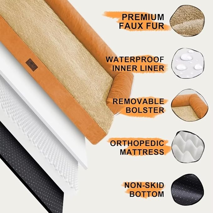 Large Dog Bed Orthopedic Washable, Orthopedic Dog Beds for Large Dogs with Washable Cover, Removable Bolster and Non-Slip Bottom Orange Dogs Beds, XL XLarge Extra Large Dogs-Mewly Pet