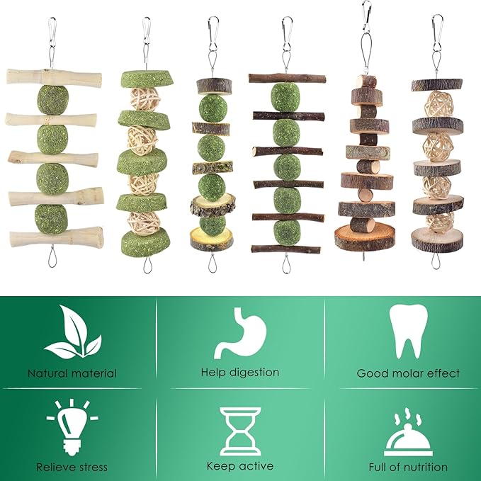 ERKOON Bunny Chew Toys, Rabbit Chew Toys for Teeth Grinding, Improve Dental Health, 100% Natural Apple Wood Timothy Grass Cake Treats for Rabbits Guinea Pigs Chinchillas Bunnies Hamsters (7 Pcs)-Mewly Pet