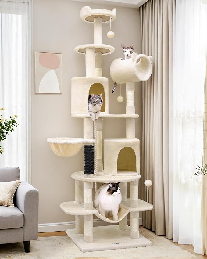 Globlazer Artistic Curved Cat Tower for Small Cats (Under 12 lbs), 81-inch Slim Design Cat Tree with Space-Saving Design, Indoor Cat Condo with Hammock & Tunnel, C81, Beige, Non-Large Cats-Mewly Pet