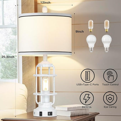 Farmhouse Lamps Set of 2, White Vintage Rustic Industrial Lamps with USB A+C Charging Ports & AC Outlet, 3 Way Dimmable Touch Control Table Lamp with LED Night Light for Living Room Bedrooms Office