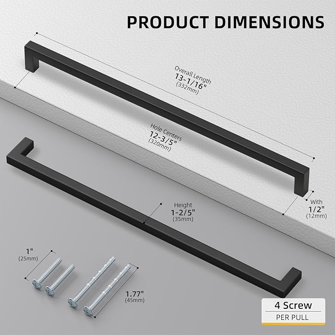 goldenwarm 200 Pack 12-3/5 Inch Black Cabinet Handles Matte Black Drawer Pulls Stainless Steel Cabinets Hardware Square Bar Modern for Kitchen Bathroom Cupboard