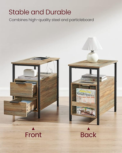 VASAGLE Side End Table with Charging Station, Slim Nightstand with 2 Drawers, Narrow Bedside Table for Living Room, Small Spaces, Turquoise Brown and Ink Black ULET321B60