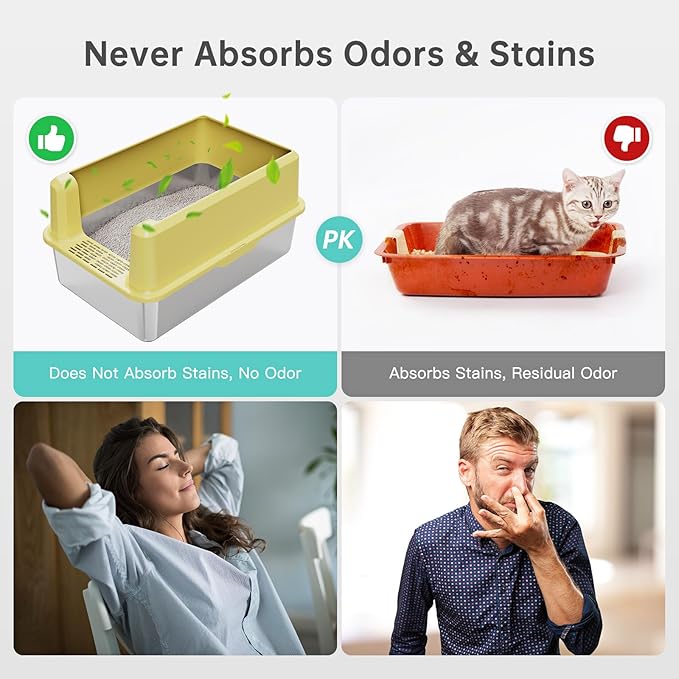 Stainless Steel Litter Box with High Side, XXL Extra Large Cat Litter Box for Big Cats & Multiple Cats, Non-Sticky, No Urine Leakage, Easy Clean Cat Litter Pan Include Scoop-Mewly Pet