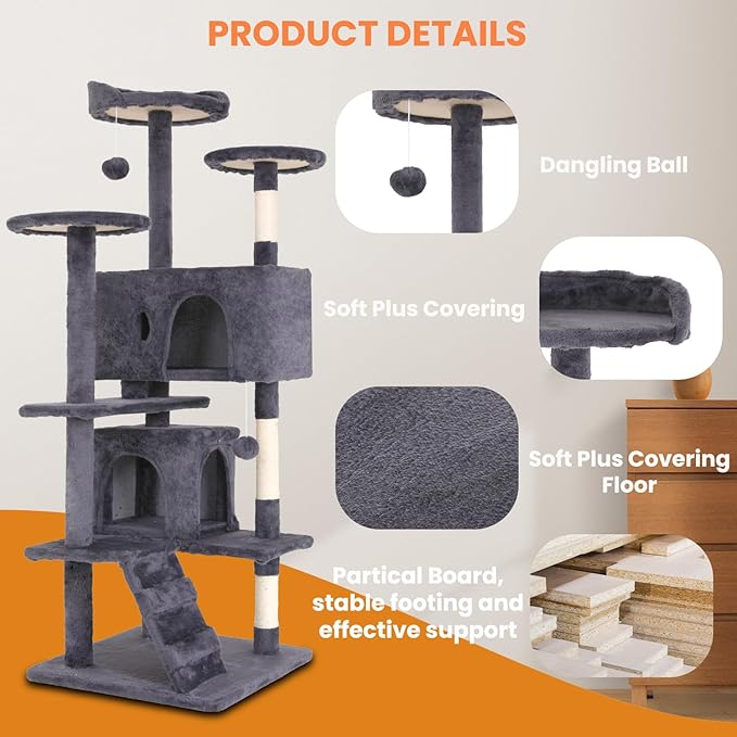 54.7 inches Cat Tower for Indoor Cats Multi-Level Cat Condos for Cat Tree Cat Climbing Tower with Scratching Posts, Hanging Toys,Ashy-Mewly Pet