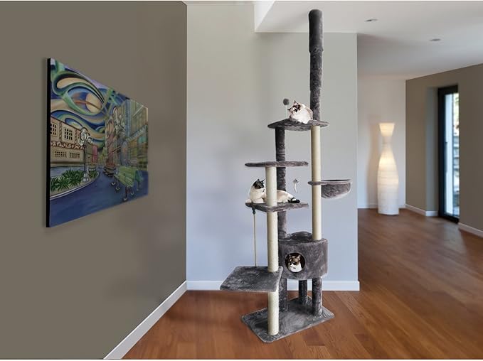 Furhaven 100"-113" Tall Cat Tree for Indoor Cats w/ Adjustable Height, Ft. Sisal Scratching Posts, Condo, & Toys - Tiger Tough Skyscraper Interactive Playground Tower - Gray, One Size-Mewly Pet