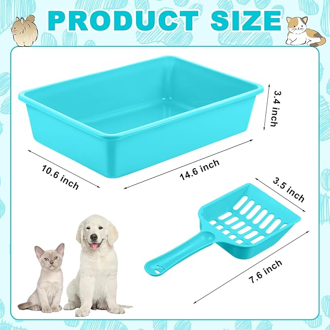 Amyhill 5 Pcs Open Cat Litter Box Kitten Litter Pan with 5 Scooper Medium Plastic Pet Tray Durable Nonstick Kitten Box for Indoor Pets Cats Rabbit Supply Easy to Clean, 14.6x10.6x3.4 Inch (Blue)-Mewly Pet