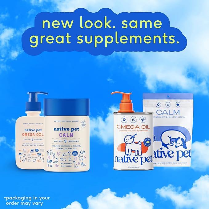 Native Pet Omega Oil for Dogs - Dog Fish Oil Supplements & Calming Chews | Dogs Anxiety Relief Treats & Dog Relaxants | 8 Oz. & 60 Chews-Mewly Pet