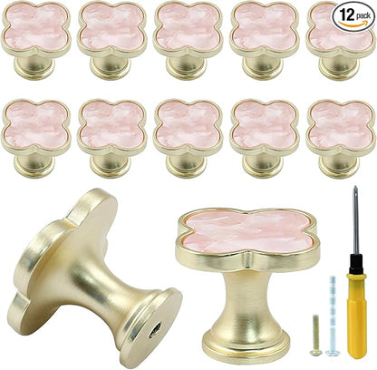 12 Pcs Four-Leaf Drawer Pulls Knobs, Gold Dresser Cabinet Knobs Pulls for Kitchen Cabinet Cupboard Door Furniture Decorative, Pink
