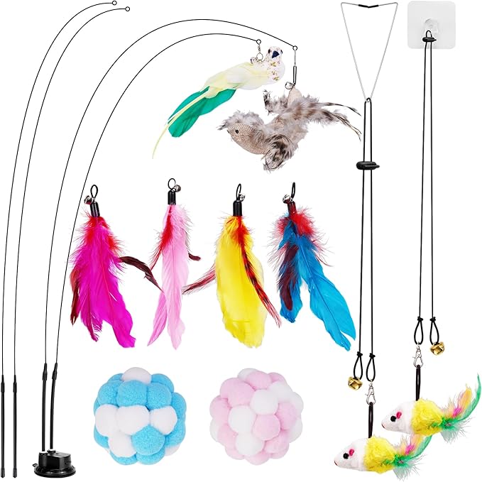 ZooZoo 14PCS Interactive Cat Feather Toy Set for Indoor Cats, Active Play Kit with Door Hanging Toy, Double-Sided Suction Cat Wand with Feathers, Mice & Fur Balls, Encourages Hunting, Jumping, Chasing-Mewly Pet