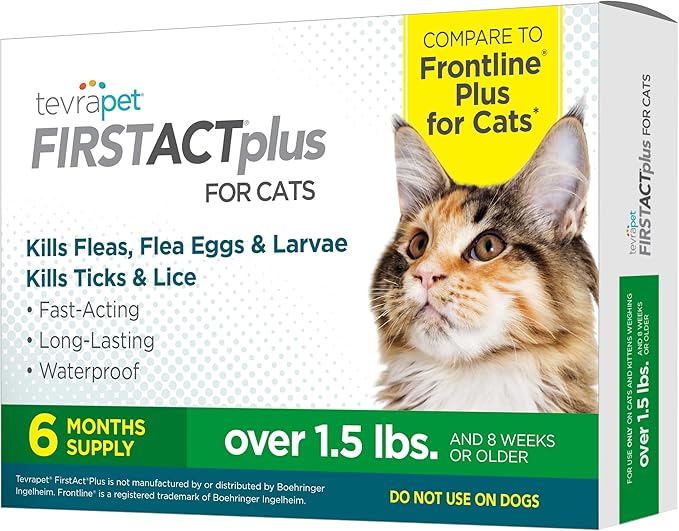 TevraPet FirstAct Plus Flea and Tick Prevention for Cats Over 1.5lbs, 6 Monthly Doses, Topical Drops-Mewly Pet