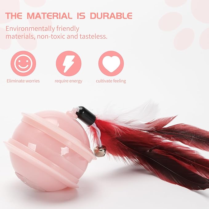 Colurful LED Interactive Cat Feather Toy Ball for Bored Indoor Adult Cats Chase Automatic Moving Ball Rechargeable Self Rolling Automated Tumbler Toy Electric Cat Toy (Pink)-Mewly Pet