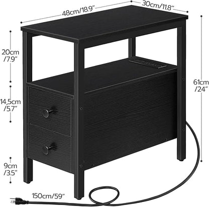 HOOBRO Set of 2 End Tables with Charging Station, Narrow Side Table with Drawers & USB Port & Power Outlets, Nightstand for Small Spaces, Living Room, Stable and Sturdy, Black BK541BZP201