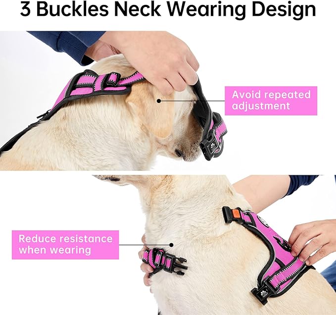 IVY&LANE No Pull Dog Harness for Large Dogs, Dog Vest Harness with Leash, Safety Belt and Storage Strap, Fully Adjustable Harness, 360° Reflective Strip, Soft Handle (Fuchsia Pink, XL)-Mewly Pet