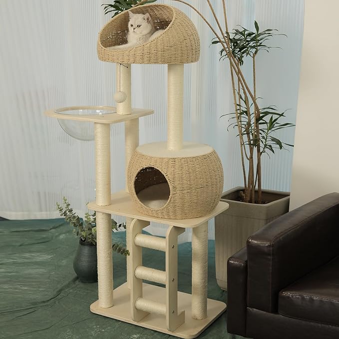 Rattan Cat Tree for Indoor Cats,Tall Cat Tree Tower with Cat Scratching Post,Wood Cat Tower for Indoor Cats,57.5 Inch Tall-Mewly Pet