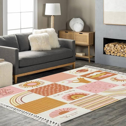 Boho Rug Baby Celestial Quilt Patchwork Sun Moon Rainbow Space Scandinavian Chic Area Rug Hallway Runner Rug Mat Minimalist Home Decor for Living Room Bedroom Nursery Playroom Classroom