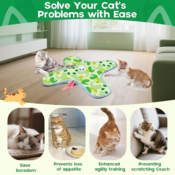 VIWIK Interactive Cat Toys for Indoor Cats, Hide and Seek Moving Feather Toy for Bored Adult Cats with Suction Cup & Cover, Automatic Kitten Wand Toy, Cat Enrichment Toys for All Breeds Green-Mewly Pet