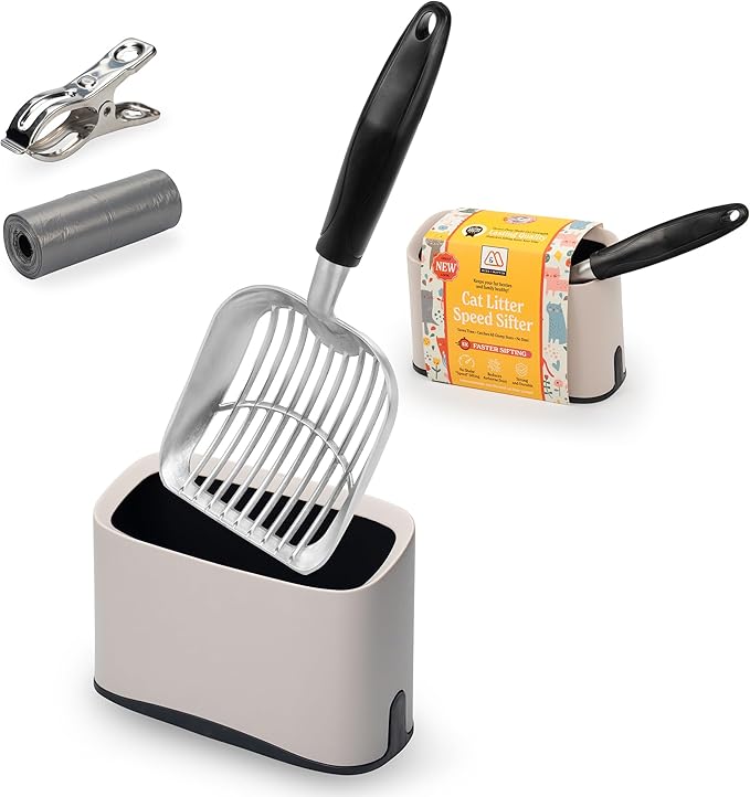 Heavy Duty Full Metal Cat Litter Scoop with Holder - Speed Sifter Litter Box Scooper Captures All Clumps - Kitty Litter Sifting Shovel Comfy Handle - Cat Scooper Includes Litter Bags & Non-Slide Clip-Mewly Pet