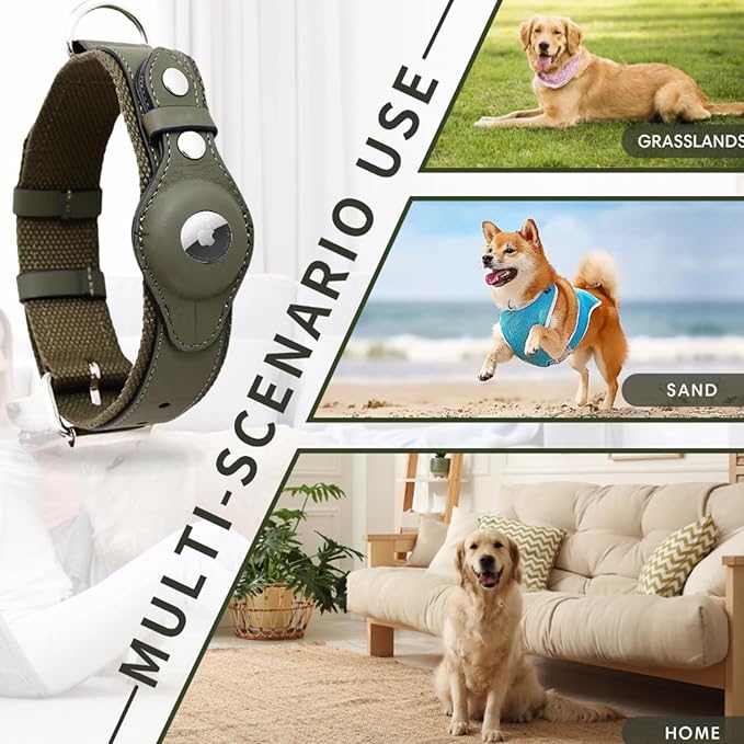 AirTag Dog Collar Soft Leather Webbing Dog Collar for AirTag Provides Double Protection for Small Medium and Large Dogs(Green,S)-Mewly Pet