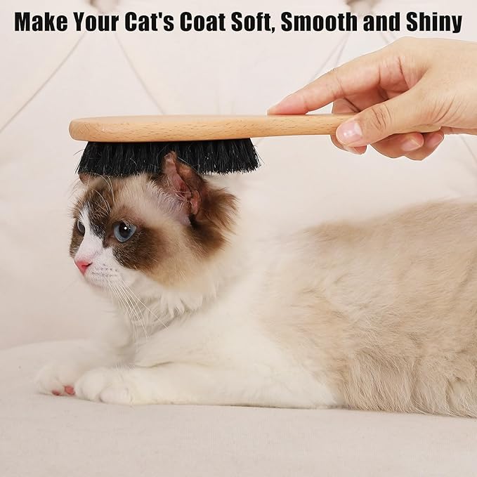 Boar Bristle Cat Brush with Wooden Handle, Soft and Gentle, Reduce Shedding, Make Coat Soft, Smooth and Shinny, Daily Grooming Tool for Short Haired Cats, Kitten-Mewly Pet