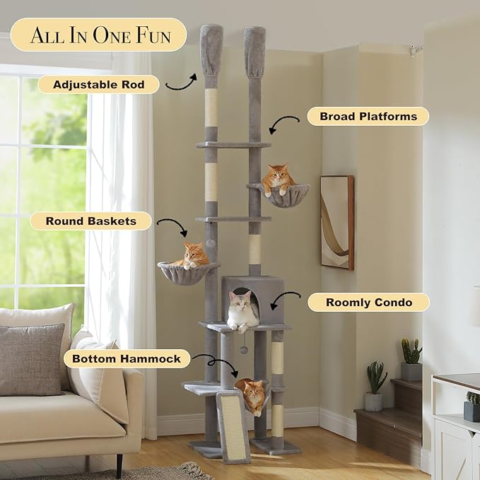PAWZ Road Tall Cat Tree, Floor to Ceiling Cat Tower with Adjustable Height(85-112 Inches), 7 Tiers Climbing Tower with Cozy Hammocks, 5 Platforms and Scratching Posts for Indoor Cats-Gray-Mewly Pet