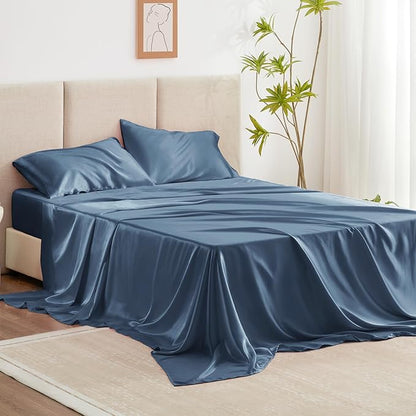 Love's cabin Twin Satin Sheets Sets - 3 Piece Ash Blue Silky Bed Sheets with Deep Pockets, Luxury Silk Feel Satin Twin Size Sheet Set Bedding Set (1 Flat Sheet,1 Fitted Sheet,1 Pillow case)