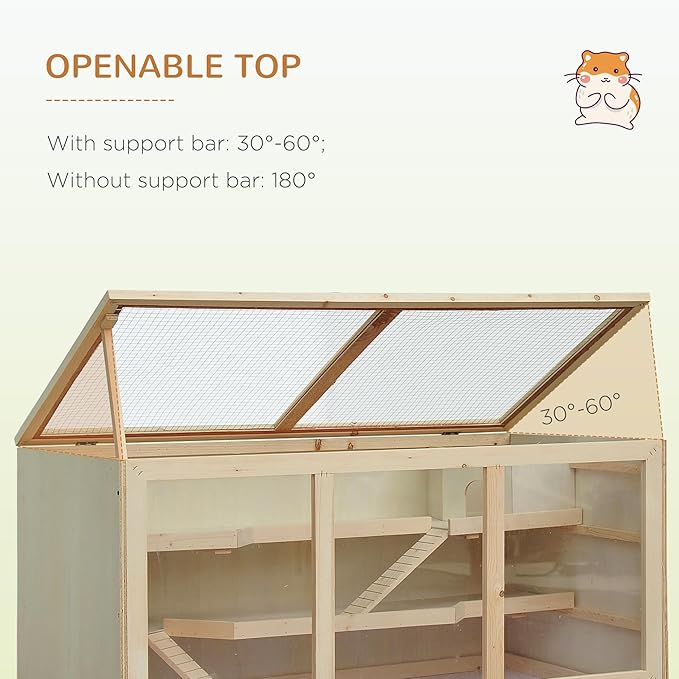 PawHut 45" Extra Large Wooden Hamster Cage, 3-Layer Chewproof Rat Cage with Opening Roof, Hut, Ramps, for Gerbil, Dwarf & Syrian Hamsters, Natural-Mewly Pet