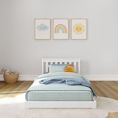 Max & Lily Classic Twin Floor Bed, 79.75 Inches, Solid Wood Low Bed Frame for Kids, Modern Floor Bed for Bedroom, White