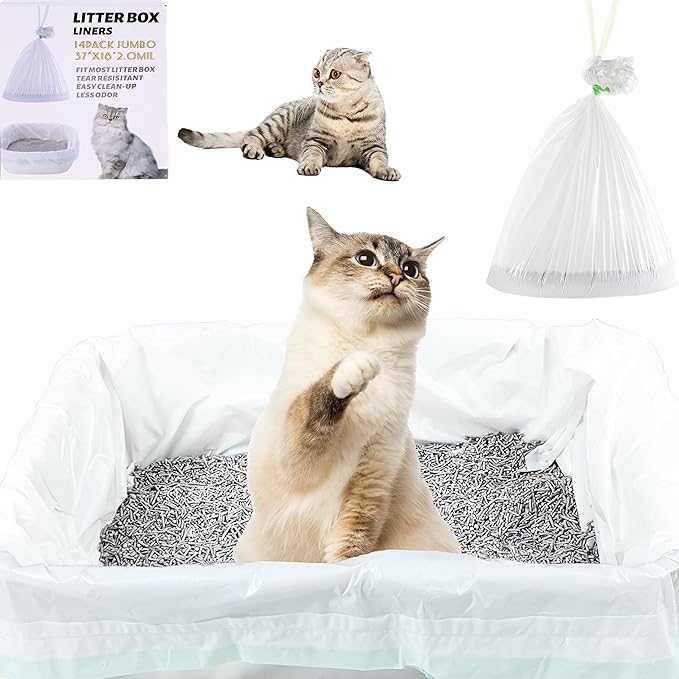 Suhaco Cat Litter Box Liners, Litter Pan Disposable Bags 2 Mil Thickened Cat Litter Liners with Drawstring 28 Pack Litter Bags for Easy Cleaning (L (Pack of 28))-Mewly Pet