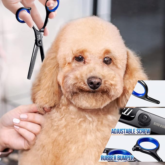 Gimars Dog Grooming Scissors Kit Professional 4CR with Safety Round Tip, 5 in 1 Heavy Duty Titanium Coated Thinning & Curved & Straight Shears-Mewly Pet