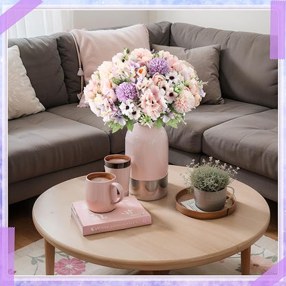 Tigeen 12 Bundles Peonies Artificial Flowers Faux Roses Silk Flowers Hydrangea Artificial Bouquet for Wedding Table Centerpiece Floral Vase Home Office Bridal Decor (Purple,Pink)
