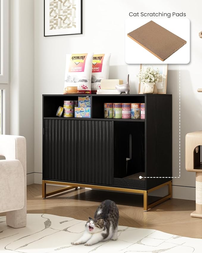 Cat Litter Box Enclosure, Large Hidden Pet Storage Cabinet Furniture with Waveform Fluted Doors & Scratching Pad, Modern Wooden Cat House Indoor for Washroom, Living Room, Bedroom, Black-Mewly Pet