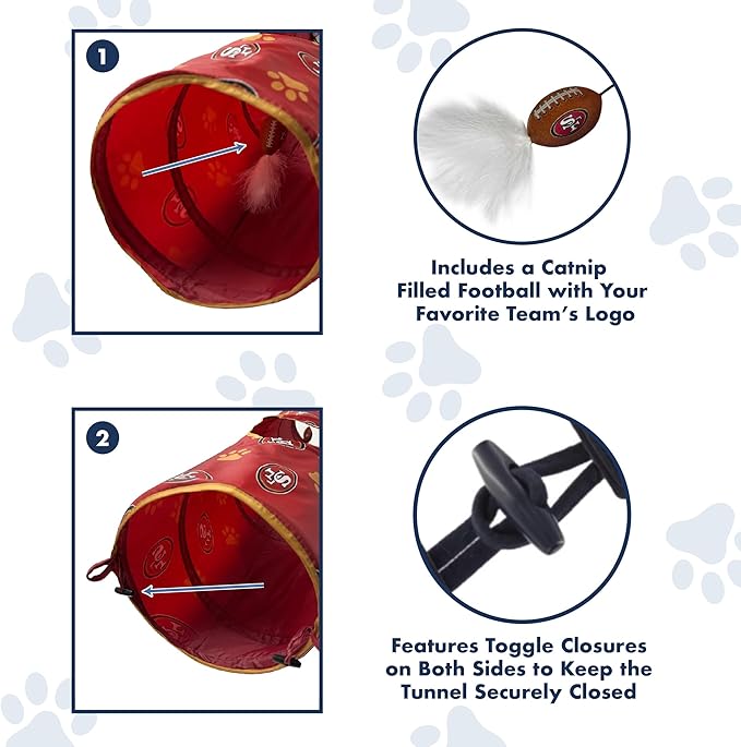 NFL San Francisco 49ers Cat Tunnel Tube Toy with Plush Football Catnip and Feathers Collapsible Tunnel for Cats to Play, Peek and Hide, Sporty & Fun Cat Tunnel Toy with Team Logo All-Over Design!-Mewly Pet
