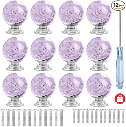 12 Pcs 30mm Round Shape Bubble Crystal Glass Cabinet Knobs with Screws Drawer Knob Pull Handle Used for Kitchen, Dresser, Door, Cupboard (Lavender)