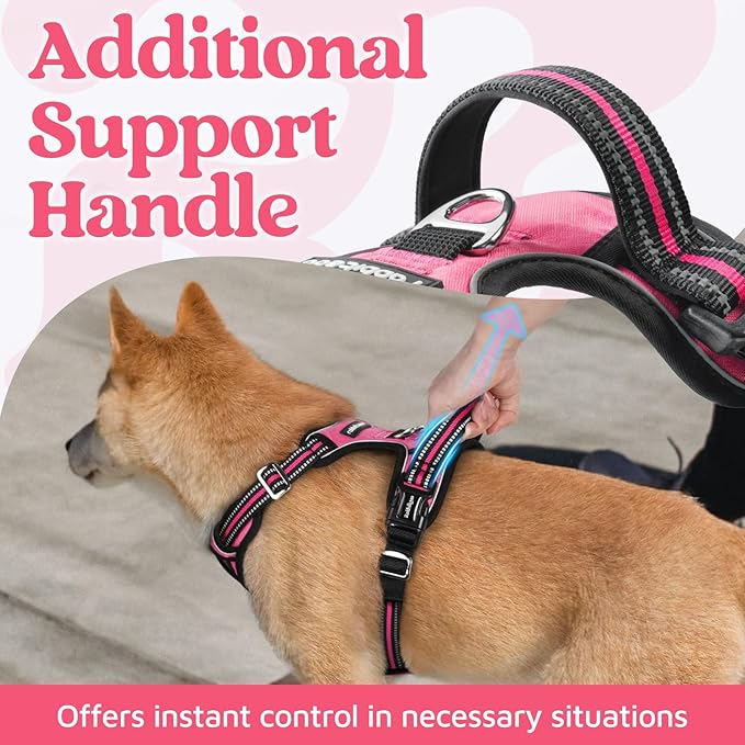 rabbitgoo Dog Harness Medium Sized, No Pull Dog Vest with 3 Buckles, Adjustable Soft Padded Pet Harness with Easy Control Handle and Reflective Strips, Pink, M-Mewly Pet