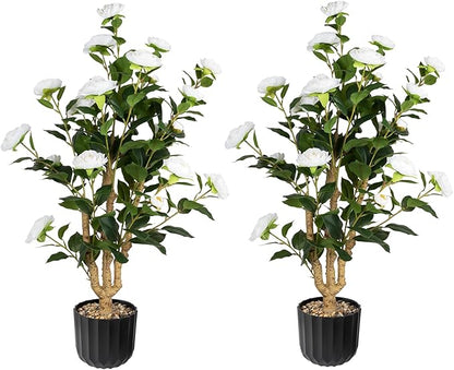 36” Artificial Camellia Tree 2 Packs, Faux Camellia Plant in Pebbles Pot with White Flowers, Greenery Camellia Tree for Spring Home Front Door Outdoor Indoor Decoration, White