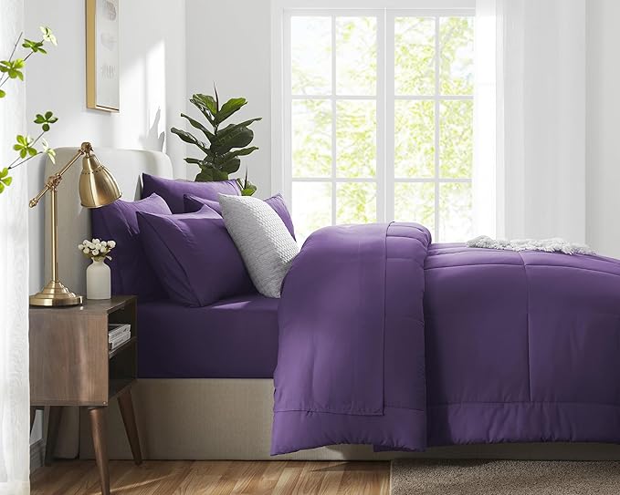 CozyLux Full Size Comforter Sets Purple, 7 Pieces Bed in a Bag, Purple Comforter Full Size, All Season Bedding Sets with Stitch Quilted Comforter, Flat Sheet, Fitted Sheet, Pillowcases