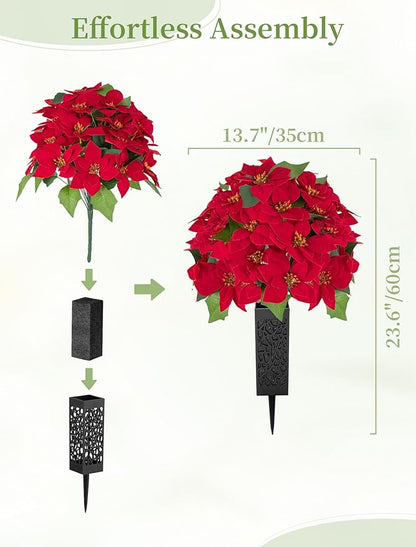 Christmas Cemetery Flowers for Grave: 2 Pcs Artificial 24 Heads Large Red Velvet Poinsettia Bouquets with Vases for Outdoor Grave Decorations