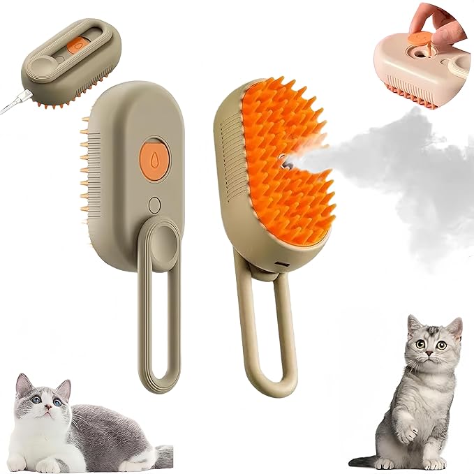 BoBow Cat Steam Brush for Shedding for Cats and Dogs, 3 in 1 Grooming Anti-Static Steam Pet Brush, Massage, Cleaning, Shedding, Combing Long and Short Hair Dogs and Cats (Khaki)-Mewly Pet
