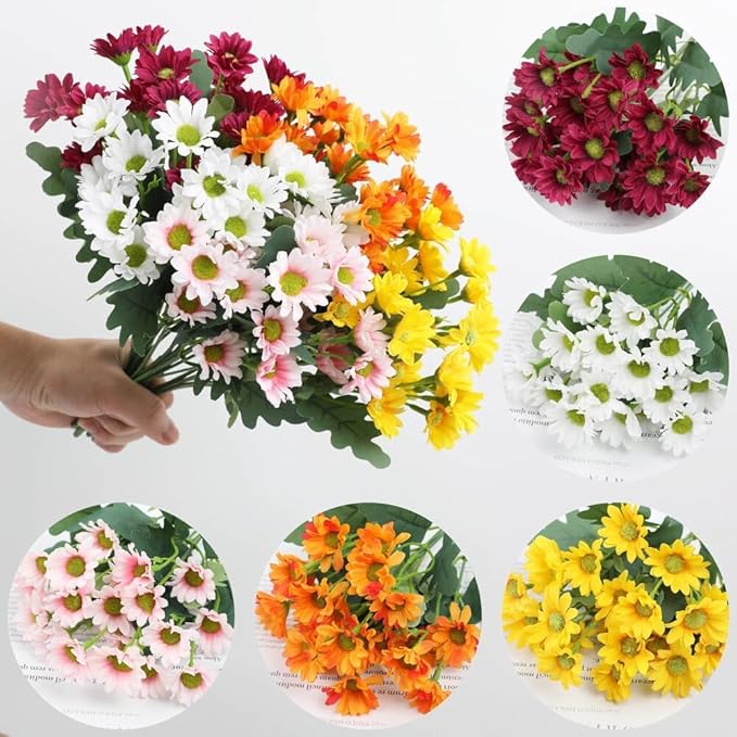 Artificial Mums for Outdoors, Faux Sunset Mum Flowers Planters for Indoor Outside Decor, Fake Look Real, Vibrant, UV Resistant, Waterproof, Windproof (White, 5 Bundle)