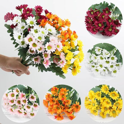 Artificial Mums for Outdoors, Faux Sunset Mum Flowers Planters for Indoor Outside Decor, Fake Look Real, Vibrant, UV Resistant, Waterproof, Windproof (White, 5 Bundle)