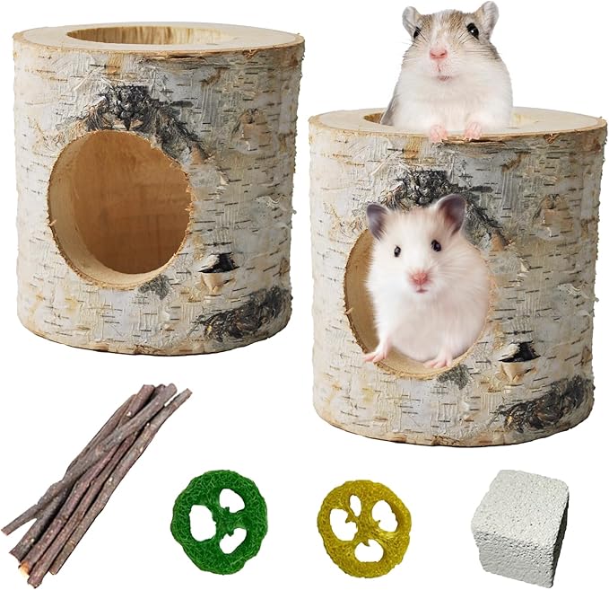 Wooden Hamster Tunnels,Natural Birch Wood Hamster Tree Hole Tube Hamster Chew Toy Small Animal Hollow Tree Trunk Tube Hideout Climbing Toy Cage Accessories for Guinea Pig Chinchilla Gerbil Rat-Mewly Pet