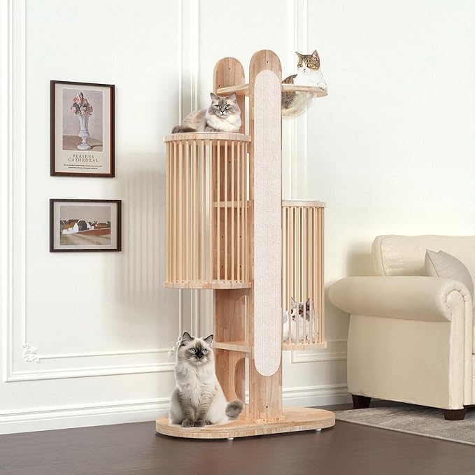 Modern Cat Tree Tower for Indoor Cats, 67" Tall Solid Wooden Cat Tower with Scratching Posts, 6 Level Natural Luxury Cat House with Big Bed, Washable Cushions Cat Furniture for Large Cats White Brown-Mewly Pet