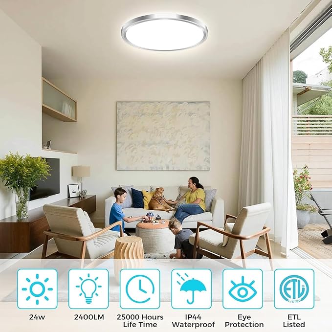 zemty 2Pack LED Ceiling Light Fixture, 6.5-Inch 12W 1200lm Small Flush Mount Light, Adjustable 3000K 4000K 6500K Color Temperatures, Round Flat Recessed Lamp for Kitchen Closet Hallway Laundry, Nickel