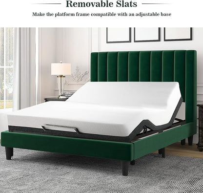 Allewie Queen Bed Frame/Velvet Upholstered Bed Frame with Vertical Channel Tufted Headboard/Strong Wooden Slats/Platform Bed Frame/Mattress Foundation/Box Spring Optional/Easy Assembly/Green