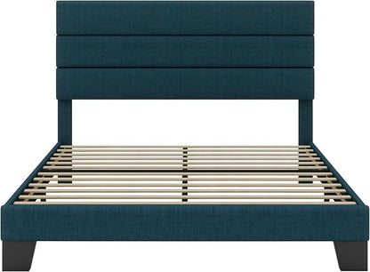 SHA CERLIN Queen Platform Bed Frame with Upholstered Fabric Headboard, Mattress Foundation with Strong Wooden Slats Support, No Box Spring Needed, Blue