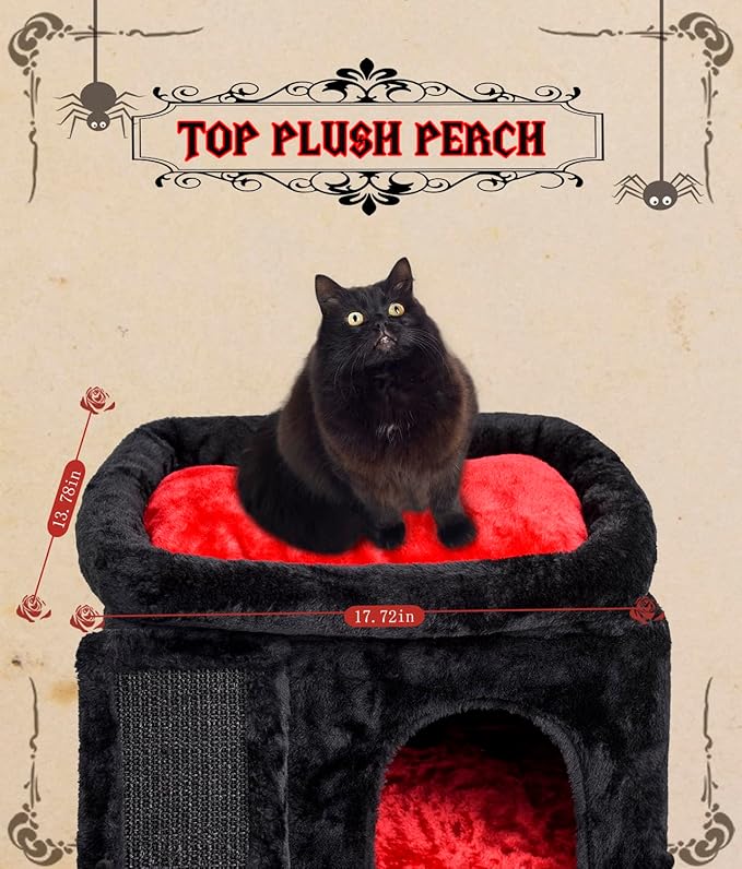 SYANDLVY Gothic Cat Tree with Coffin Bed for Indoor Cats, Cat Tower with Scratching Post, Modern Activity House for Large Cats, Condo with Board, Kittens Cave-Mewly Pet