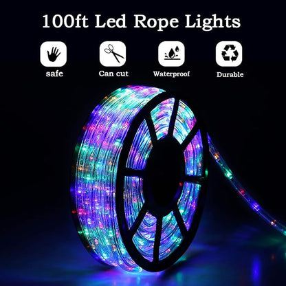 100Ft LED Rope Lights, Cuttable & Connectable Outdoor String Lights Waterproof Decorative Lighting for Indoor/Outdoor, Patio, Backyards, Party, Halloween and Christmas Decorations (Multicolor)