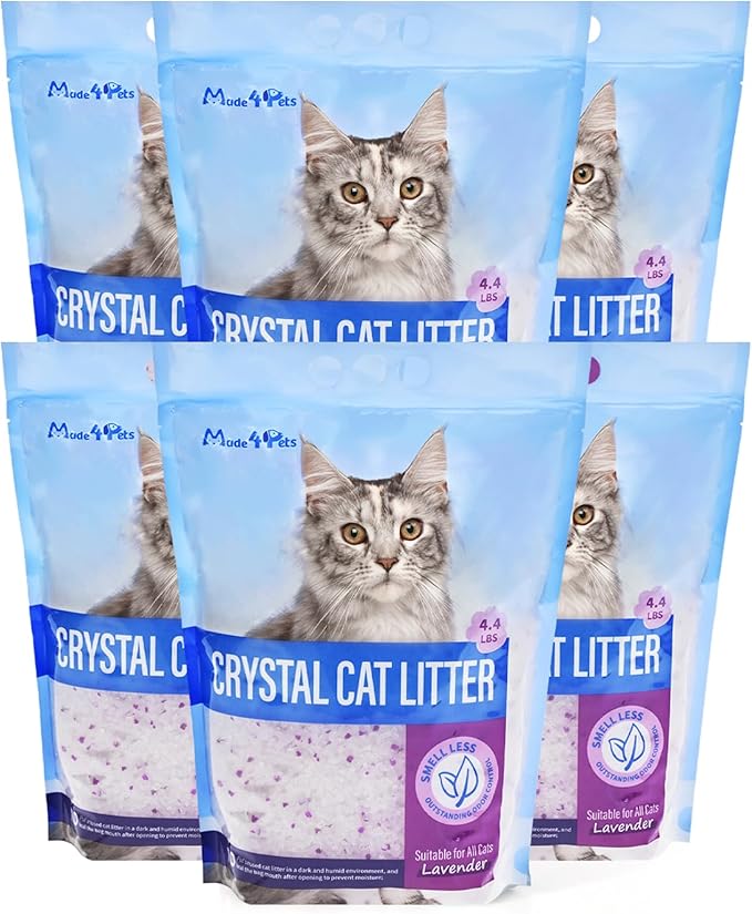 Made4Pets Cat Litter Crystals, Non Clumping Cat Litter Odor Control Kitty Litter Non Clumping No scooping Low Dust, Low Tracking, Lightweight, Dehydrates Waste, Lavender – 25.8 lbs (6 x 4.3 lb Packs)-Mewly Pet
