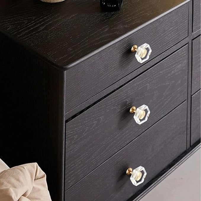 6-Pack Brass Base Crystal Drawer Knobs,Glass Crystal Gold Cabinet Knobs,1-5/16-Inch Hexagon,Kitchen Hardware Pulls, Modern Bathroom Hardware knob